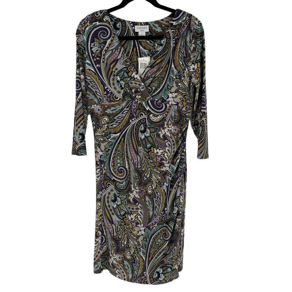 Carmen Marc Valvo Faux Wrap V-Neck Knee Length Sheath Dress Paisley Medium NWT‎